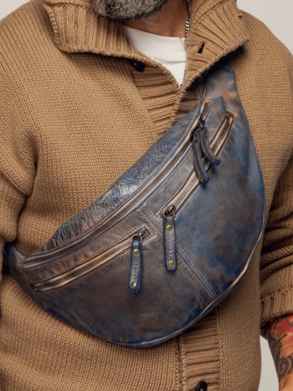 Men's Leather Messenger XL Sling Bag - Blue/Brown Distressed Leather